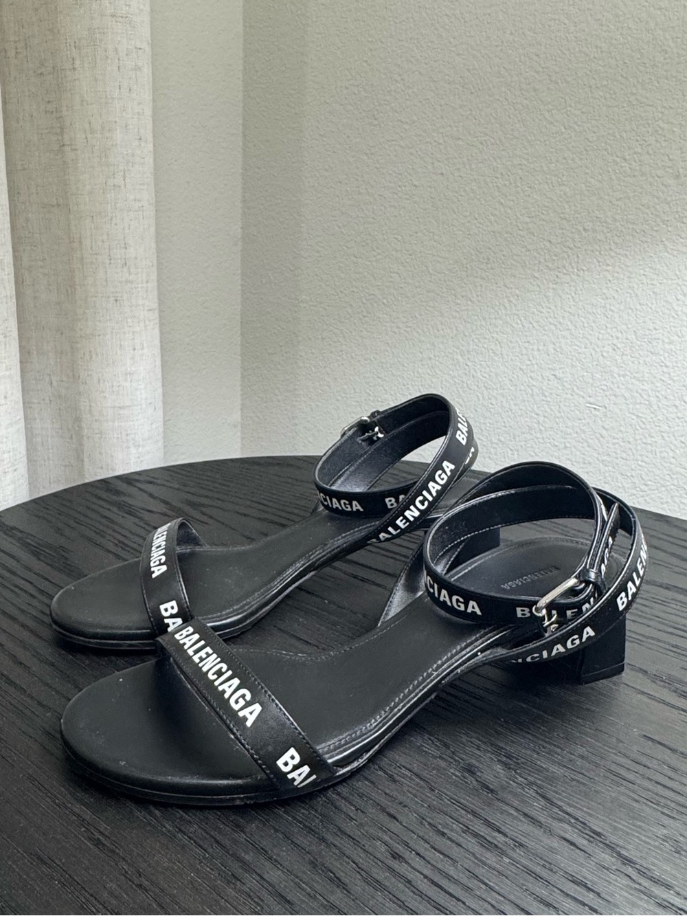 Balenciaga Allover Logo Ankle Strap Sandals Black Leather 38